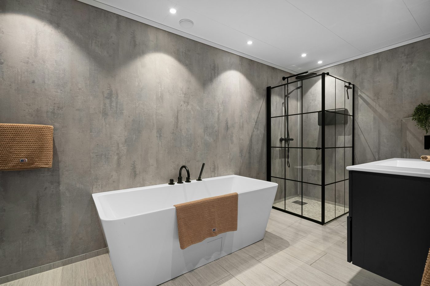 A freestanding bath beside a walk-in shower